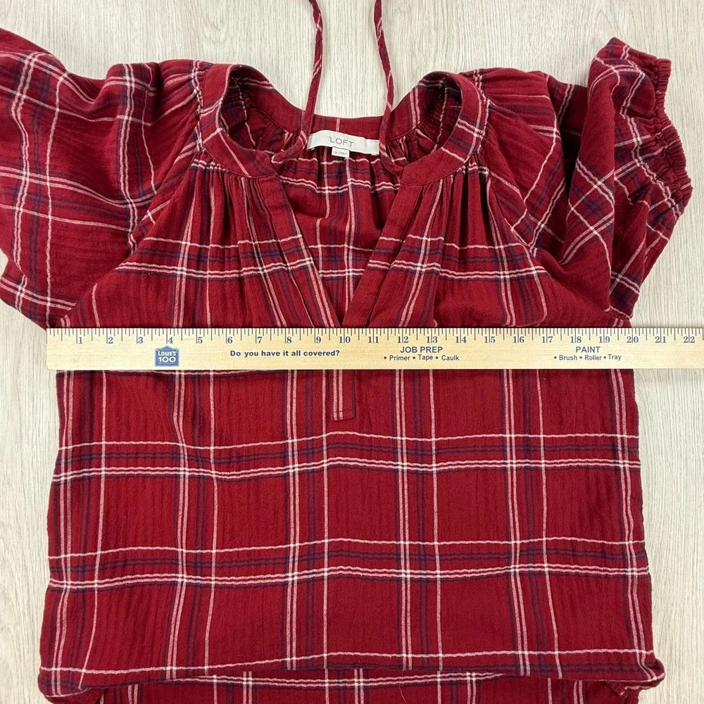 Blouse LOFT Women Small Red Plaid Short Puff Sleeve Preppy Fall Casual